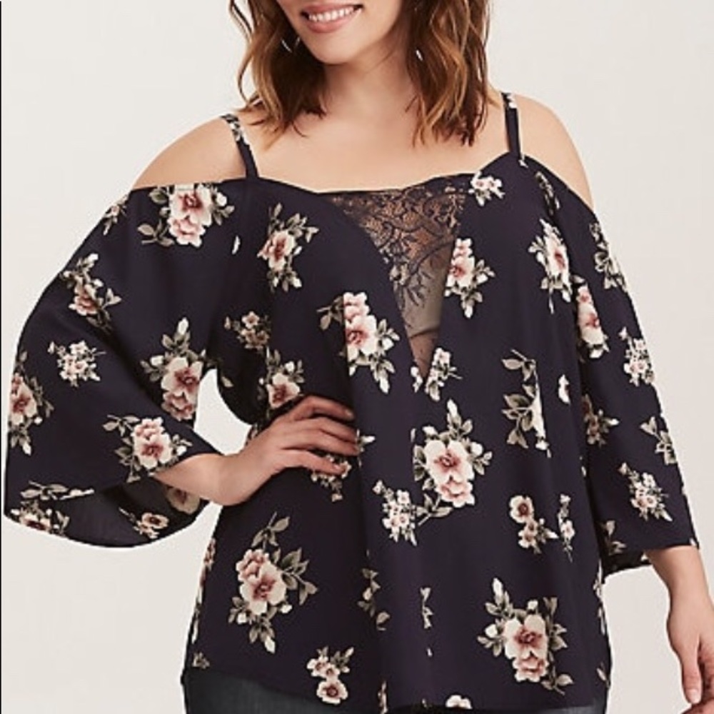 Floral Print Cold Shoulder Laced Insert Top